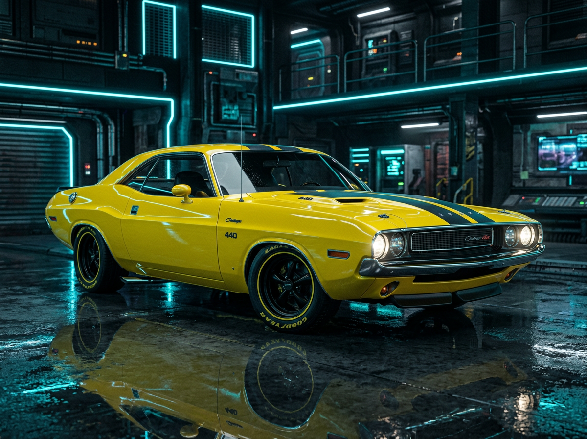 Yellow Camaro front three-quarter angle with black racing stripes