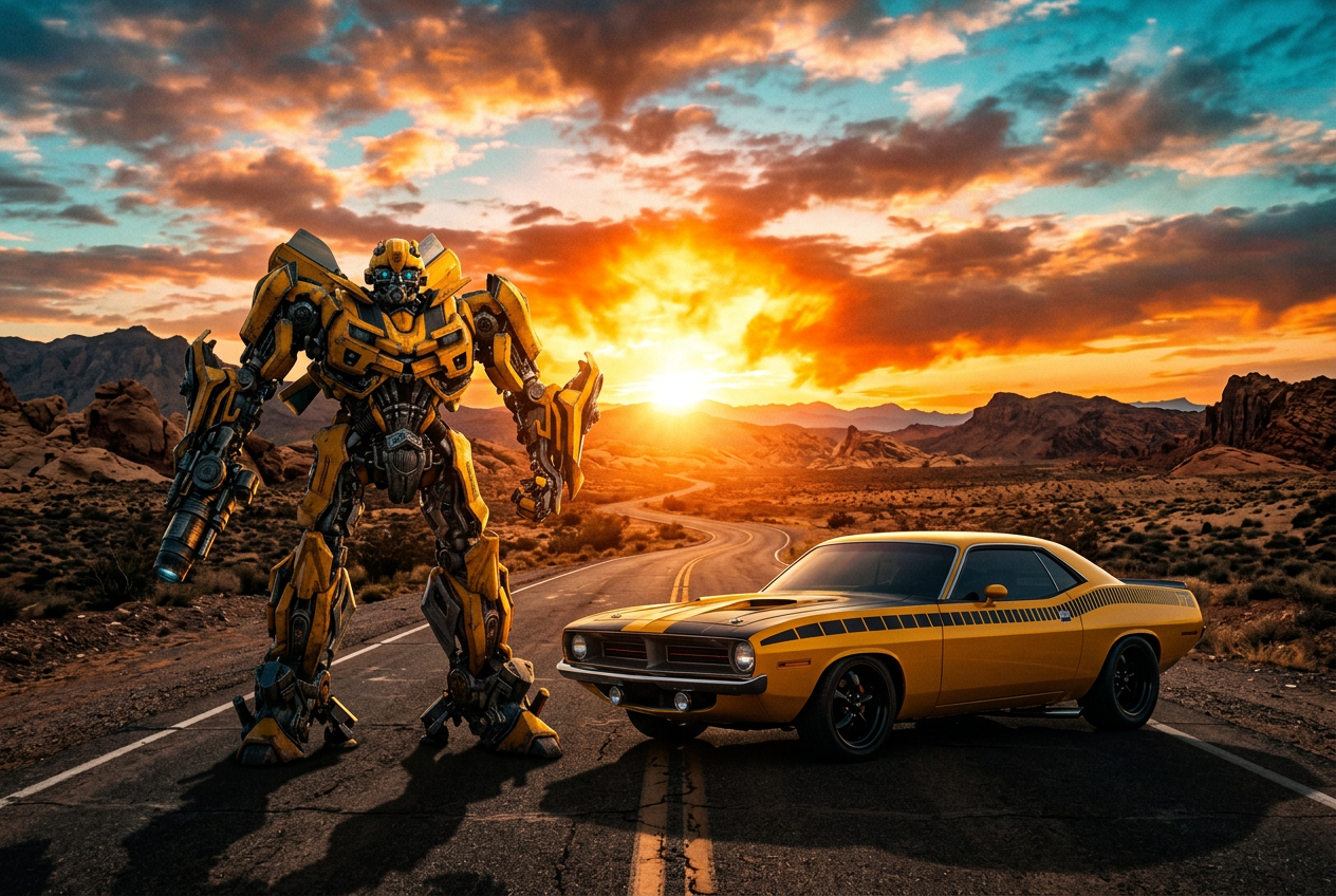 Yellow Camaro rear shot at sunset