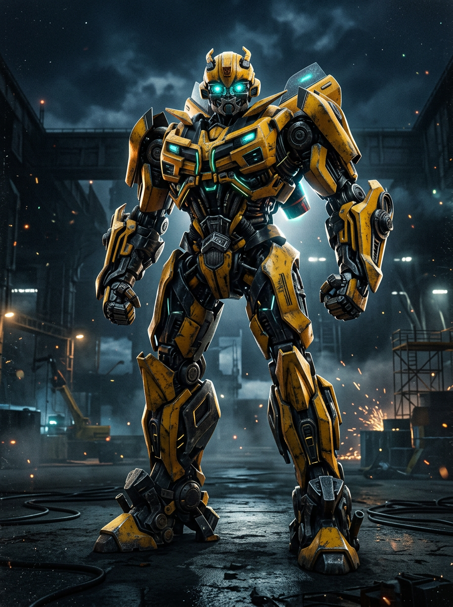 Full body standing pose of Bumblebee, yellow and black Autobot guardian