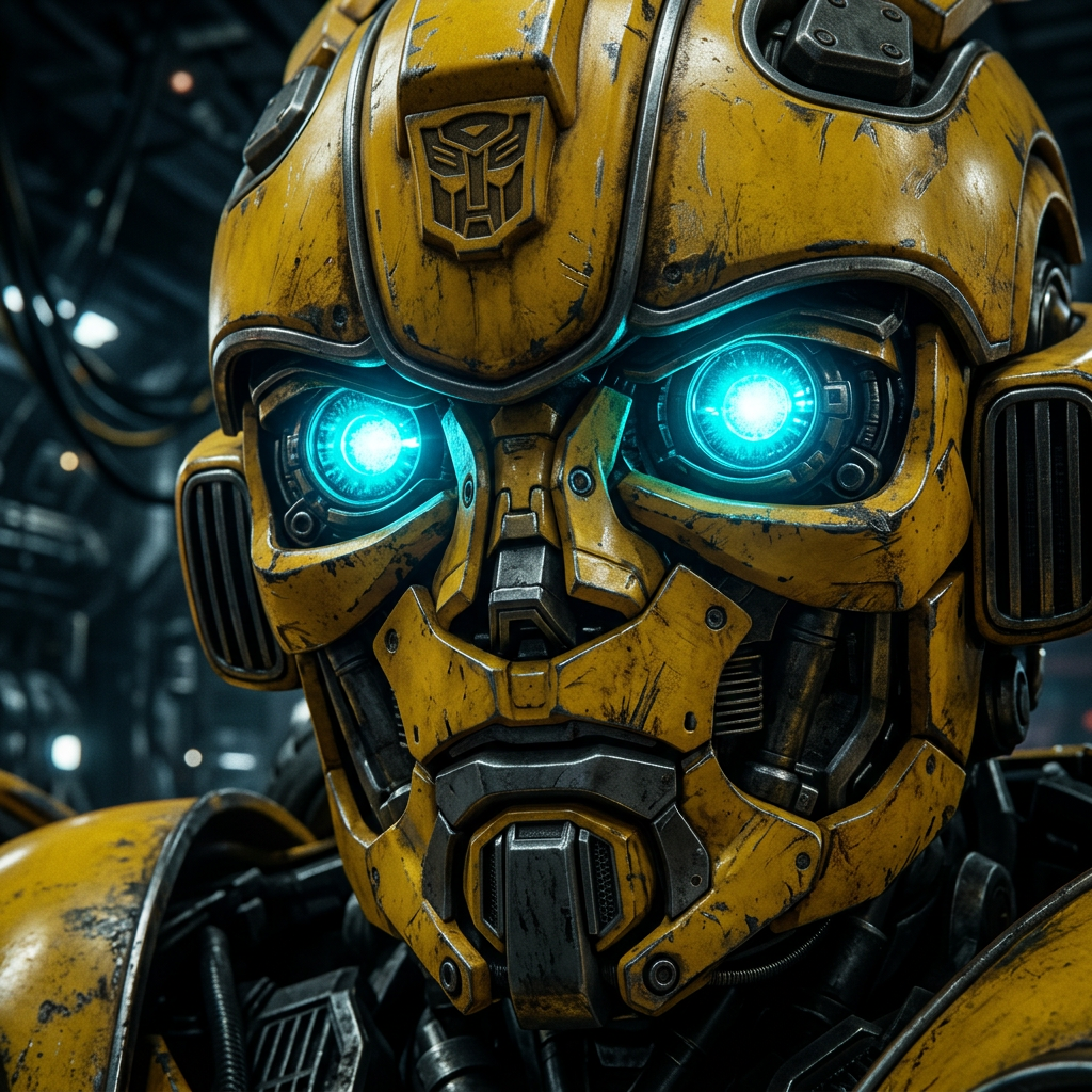 Close-up of glowing cyan optics on Bumblebee's face plating
