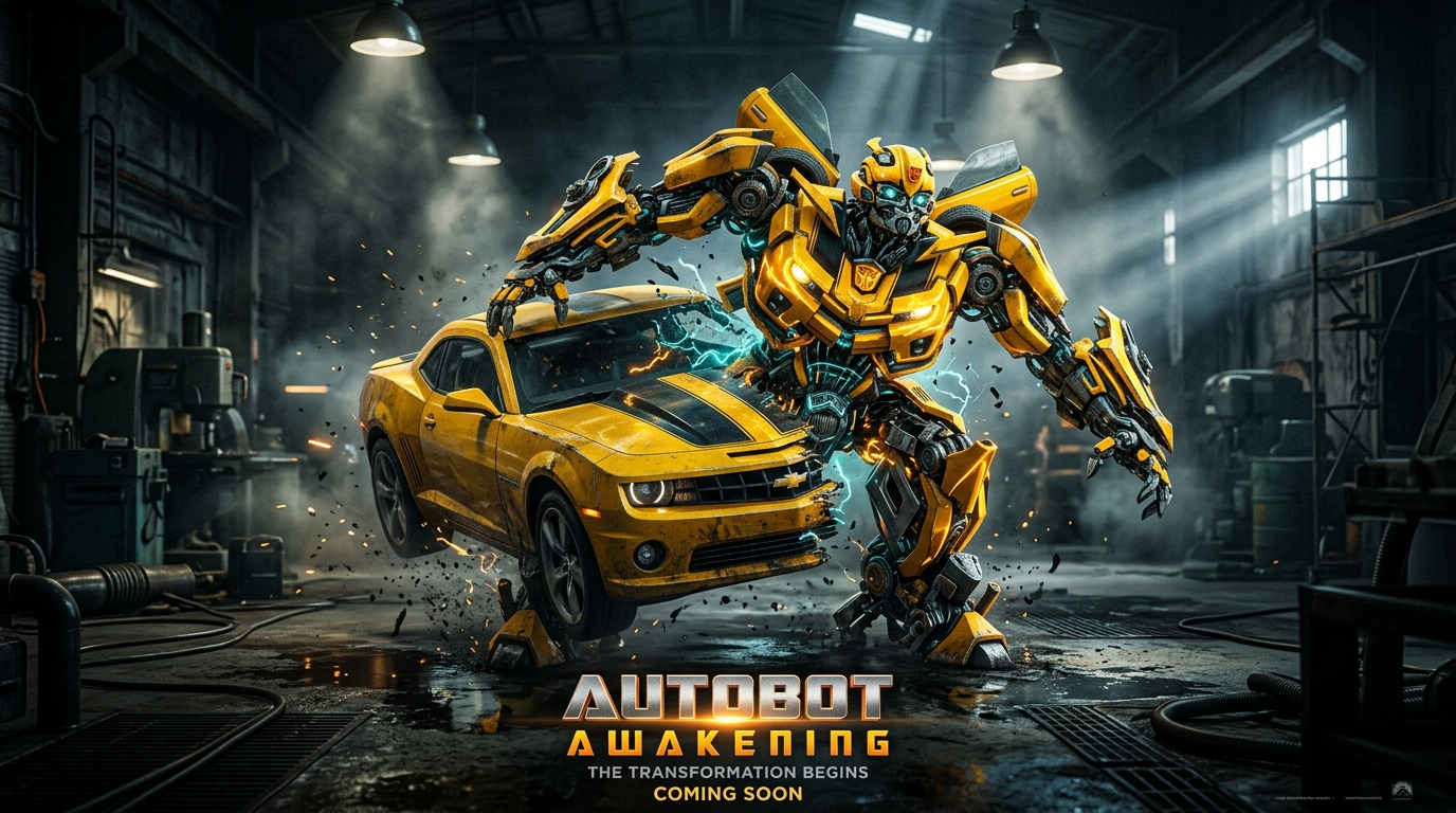 Bumblebee frozen mid-transformation from Camaro to robot guardian, glowing yellow panel seams